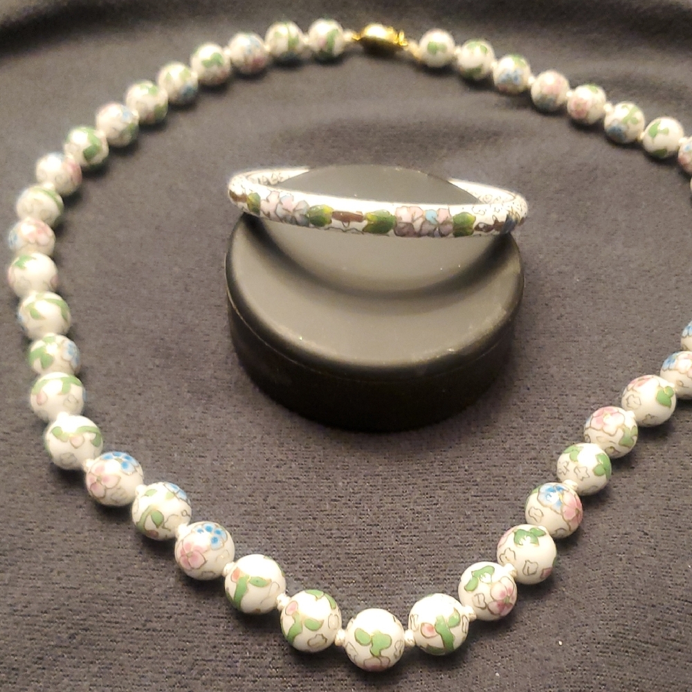 Vintage Cloisonne Handpainted Enamel Necklace and Bracelet Set